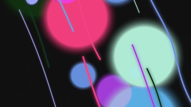 A colorful abstract image featuring various sized circles in pink, blue, purple, and green hues against a dark background with thin diagonal lines