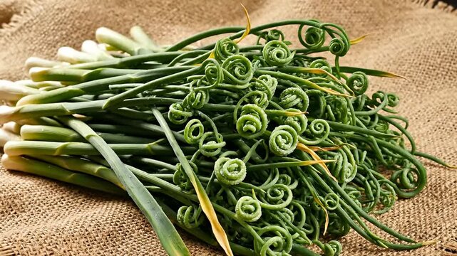 Fresh green garlic scapes on rustic burlap surface