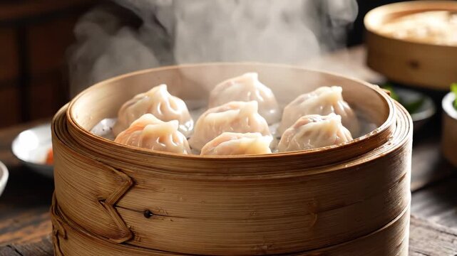 Steaming fresh dim sum dumplings in bamboo basket 4K Video