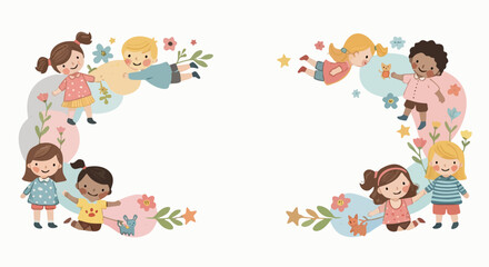 Cute diverse children frame in watercolor style with floral elements and stars for nursery and educational design