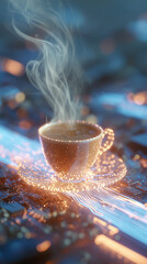 Futuristic digital coffee cup resting on glowing circuit board, cyber aesthetic, neon lights, high-tech ambiance, ultra detailed, cinematic, modern style.
