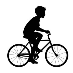 Naklejka premium Silhouette of a young boy riding a bicycle against a white background