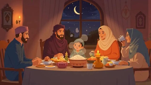 Muslim family enjoying traditional iftar meal together at night
