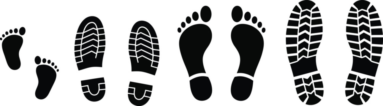 Black footprints and shoe prints on white background