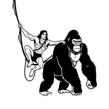 Tarzan swinging from a vine with a gorilla black and white illustration