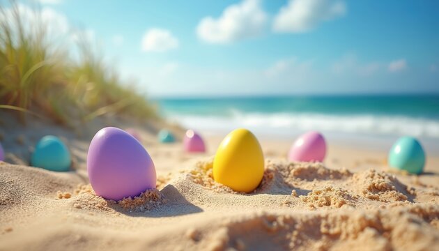 Colorful Easter eggs rest on a sandy beach with ocean waves in background. Pastel colored eggs are scattered on golden sand under a bright blue sky. A springtime celebration by the sea.