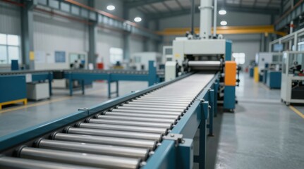 Obraz premium Automated Conveyor Belt System in a Modern Industrial Factory for Manufacturing and Production Processes