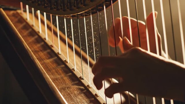 Close up of a hand playing the strings on a harp