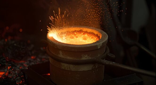 Extreme Close Up of Molten Gold in Crucible With Sparks and Intense Heat in Dark Background