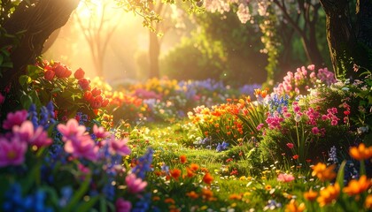 Obraz premium Sunlight shines through trees over colorful flowers in a garden during springtime in the morning