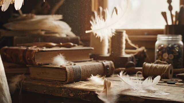 Close up of a large white feather in antique workshop