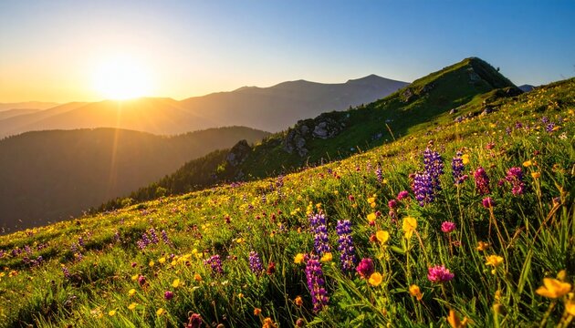 Bright flowers bloom on a mountain meadow as the sun rises over distant hills in the early morning light