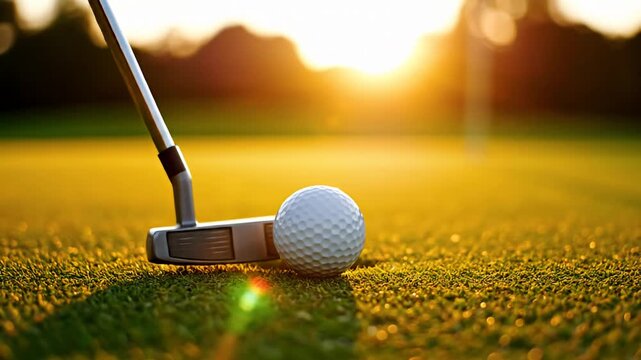 Golf putter poised over ball on green at golden sunset.