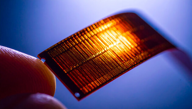 Thin film flexible sensor or solar cell on finger tip, futuristic nanomaterial technology close-up