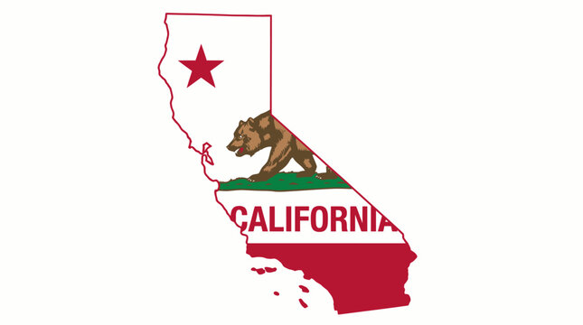 California Flag Map Vector &ndash; Stylized State Silhouette Featuring Bear Flag Design with Red Star, Grizzly, and Bold Typography for Regional Identity and Graphic Projects