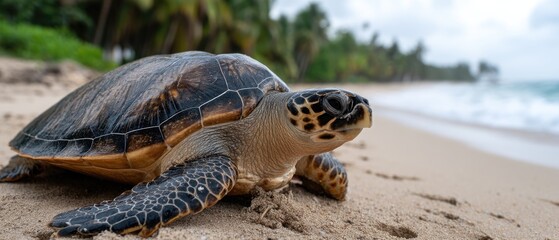 Obraz premium Sea turtle resting on the sandy beach during sunset in the Caribbean with vibrant colors illuminating the sky and ocean waves