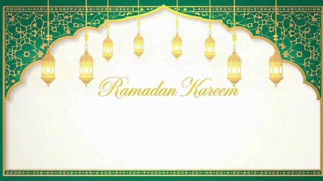 Ramadan Kareem greeting card with elegant lanterns and Islamic pattern