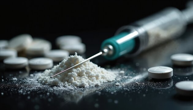 Pile of white powder with needle, pills scattered around. Syringe in background. Dark moody lighting. Drug paraphernalia on reflective surface. Illegal substance use.