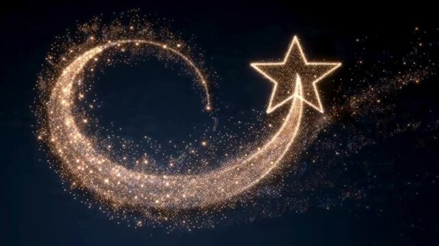 Golden sparkling particles swirling in a crescent shape on dark background