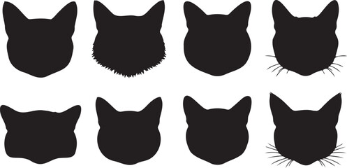 Cat head silhouette vector icon collection. Includes various feline face shapes, some with fur texture and whiskers. Created in solid black flat style. © Caleb