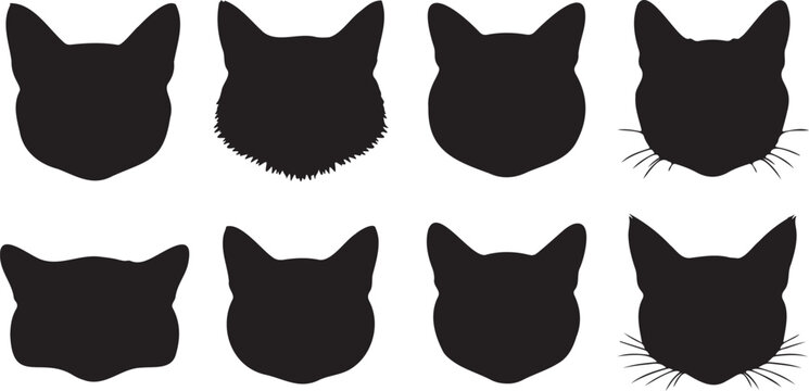 Cat head silhouette vector icon collection. Includes various feline face shapes, some with fur texture and whiskers. Created in flat black and white style.