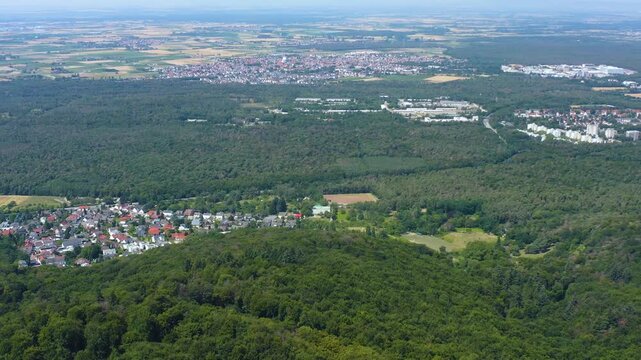Panoramic aerial view of the castle Burg Frankenstein close to the city M&uuml;hltal in Germany. On a sunny day in Summer. 