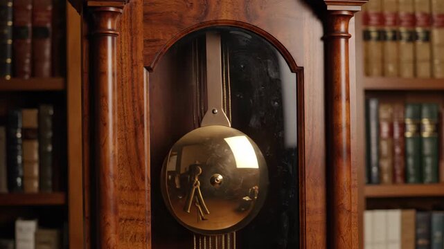 Close up of an antique wooden clock with brass pendulum