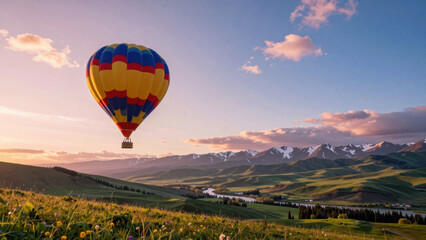 Obraz premium A vibrant hot air balloon ascends over rolling, grassy hills and a winding river, backed by snow-capped mountains. A sense of serene solitude and expansive beauty fills the scene.