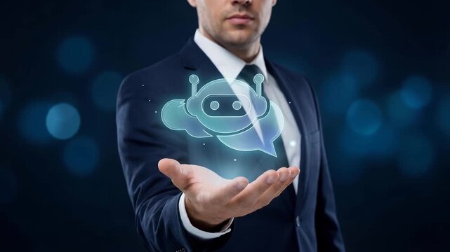 Businessman Holding AI Chatbot Hologram Representing Customer Support Automation, Artificial Intelligence Assistant, Digital Communication Technology, Smart Service Interface, Virtual Help System