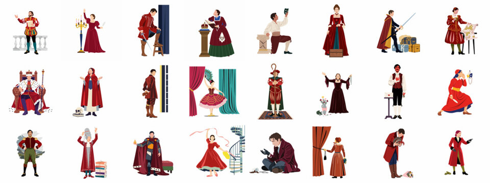 Collection of Vector Illustrations Depicting Historical Drama Characters, Actors, and Scenes from Shakespearean and Classic Literature.