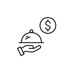Restaurant cloche and dollar. Room service meal cost, gourmet dish payment, fine dining expense. Pixel perfect, editable stroke vector icon