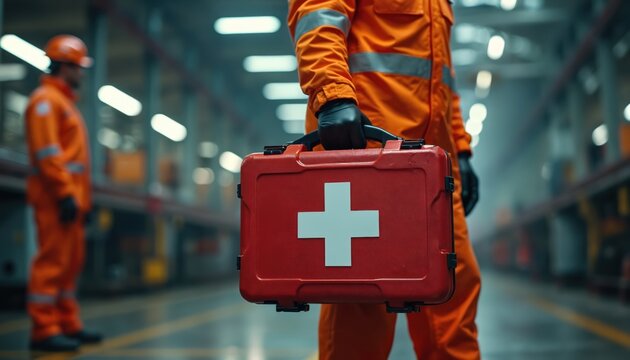 Worker in orange uniform holds red first aid kit with white cross symbol. Another worker in safety helmet in factory background. Industrial accident prevention safety.