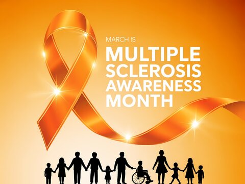 Multiple sclerosis awareness month banner with orange ribbon and family