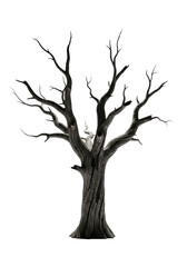 Obraz premium A highly detailed, ancient, solitary dead tree with skeletal, twisted branches and gnarled bark, casting a shadow on a transparent background. Concept of environmental death and climate change