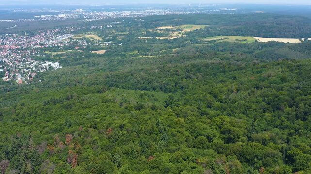 Panoramic aerial view of the castle Burg Frankenstein close to the city M&uuml;hltal in Germany. On a sunny day in Summer. 