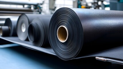 Fototapeta premium Industrial rubber sheet rolling line with matte black texture