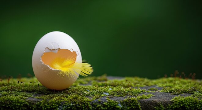 Cracked white eggshell on mossy surface with yellow feather emerging easter day background download 2026 2027