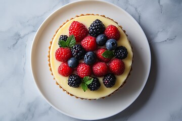 San Sebastian cheesecake with berries on a white plate, top view.