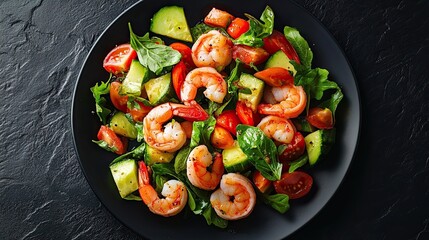 Shrimp and vegetable salad on a black plate on a black background.