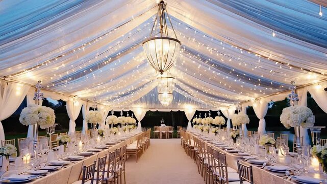 Elegant Outdoor Wedding Reception with Long Table Setting and String Lights Overlooking Lush Garden Landscape.
