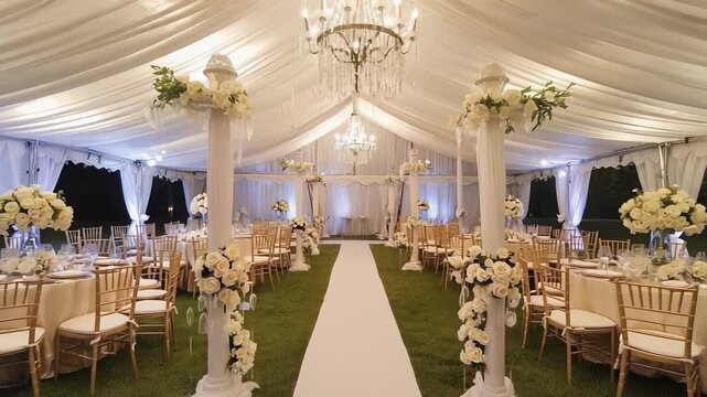 Elegant Formal Dinner Setting with Floral Accents on Grassy Lawn - Wedding Reception or Special Event