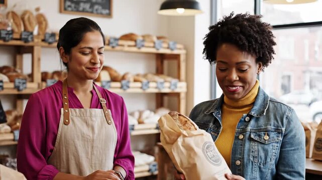 Baker hands fresh bread to happy customer in bakery