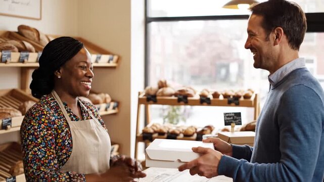 Bakery owner gives packaged food to smiling male customer