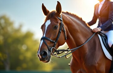 Obraz premium Brown horse with white blaze and rider wearing blue jacket sits astride. Sunlit portrait shows equine head with bridle and gentle pat on neck. Horse riding outdoor.