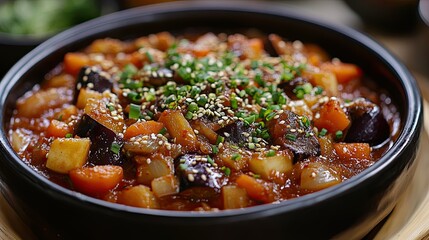 Spicy Korean eggplant stew with tomatoes, paprika, carrots, onions and garlic.