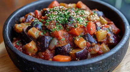 Spicy Korean eggplant stew with tomatoes, paprika, carrots, onions and garlic.