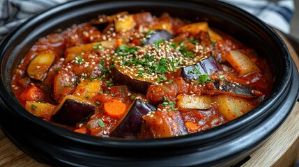 Spicy Korean eggplant stew with tomatoes, paprika, carrots, onions and garlic.