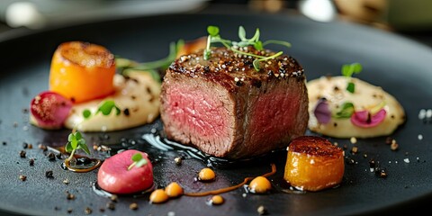 Tender medallion of beef with foie gras, paired with a smooth puree. artistic coating.