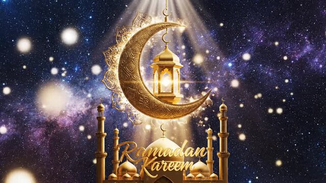 Golden crescent moon and lantern symbol against night sky background