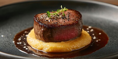 Tender medallion of beef with foie gras, paired with a smooth puree. artistic coating.